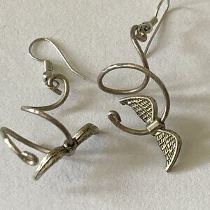 Silver Plated Metal Spiral Wing Drop Wire Pierced Earrings Handmade